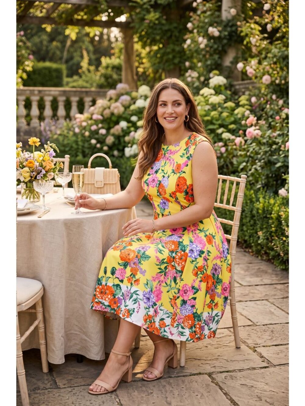 London Times Womens Size 24W Yellow Floral Fit Flare Midi Dress Sleeveless NWT - Picture 2 of 7